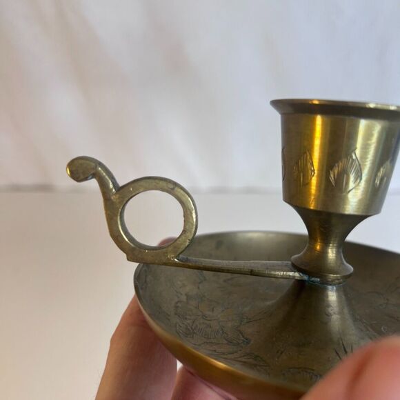 Pair Vintage Brass Candlestick Chamber Stick Finger Holder MCM Etched Floral - Picture 2 of 14